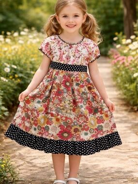 Girls Floral Cotton Dress with Pink Floral Print and Black Polka Dot Trim